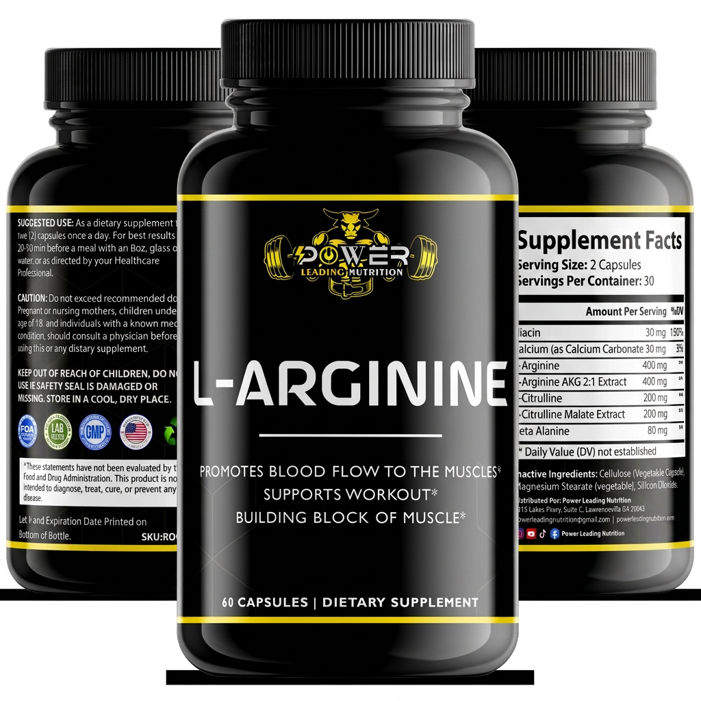 L-Arginine 60 Capsules | Nitric Oxide & Workout Support | Power Leading Nutrition
