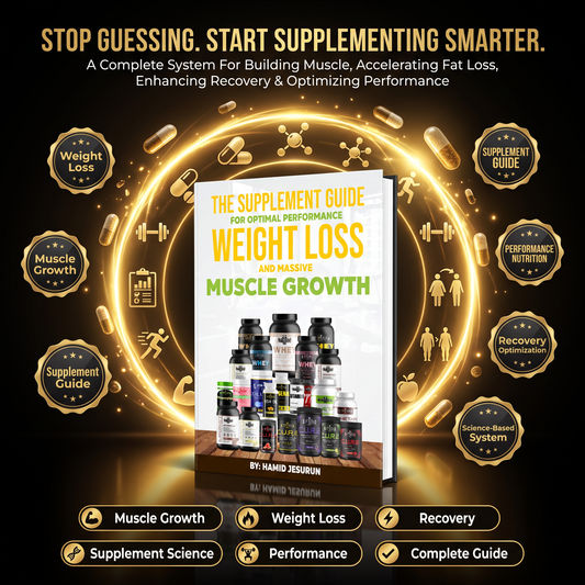 A promotional graphic for a supplement guide book titled 'The Supplement Guide for Optimal Performance Weight Loss and Muscle Growth' by Haido Jeserun. The book cover is centered, surrounded by glowing gold circular rings, capsules, and fitness icons, with text highlighting weight loss, muscle growth, recovery, and performance.