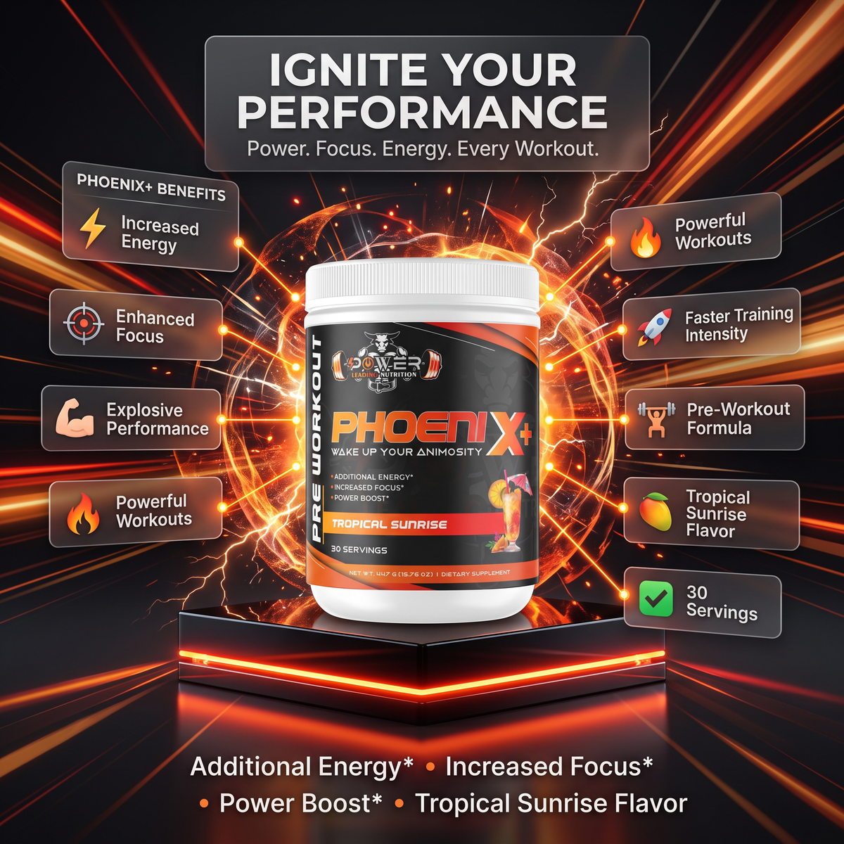 Phoenix+ – Pre-Workout Performance & Focus Formula (Tropical Sunrise) ⚡