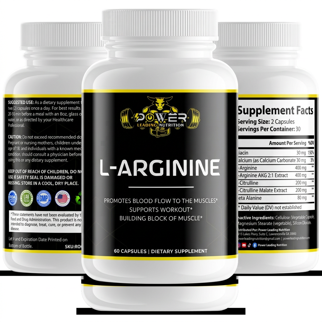 L-Arginine 60 Capsules | Nitric Oxide & Workout Support | Power Leading Nutrition