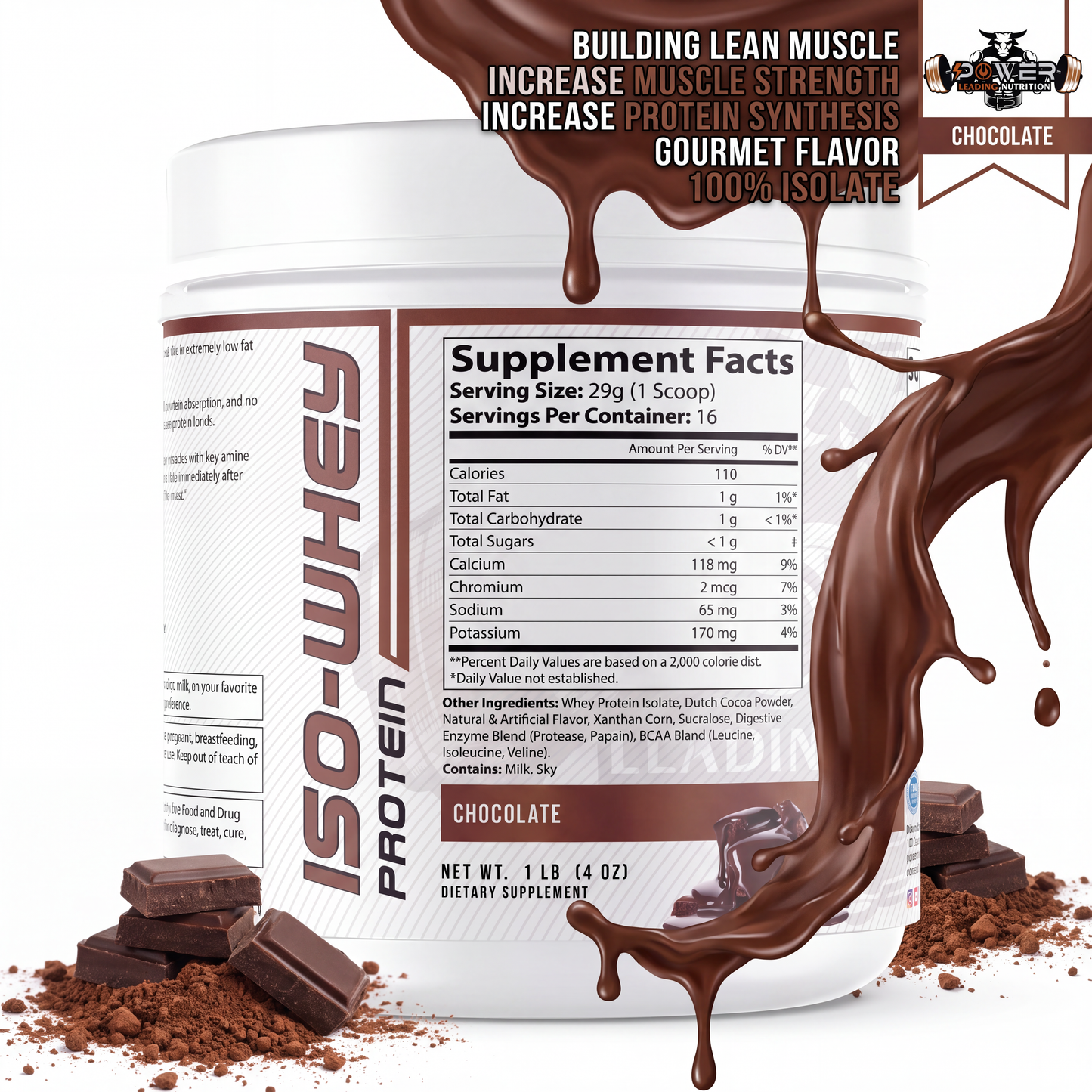 🥛 100% Isolate Whey Protein Chocolate 1 LB | 25g Protein | Power Leading Nutrition
