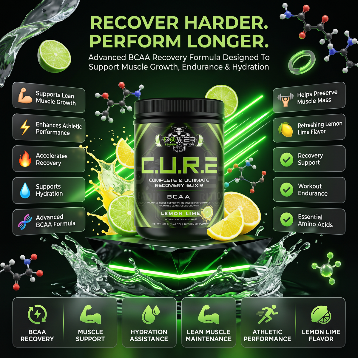 C.U.R.E.® Recovery Supplement | Muscle Recovery & Hydration (Lemon lime)